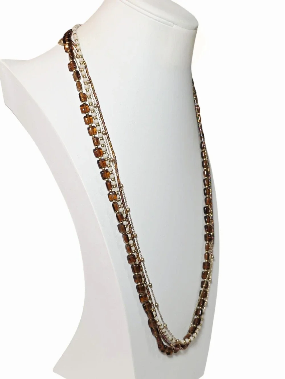 Premier Designs Multi-Strand Brown, White and Gold Beaded Long Necklace